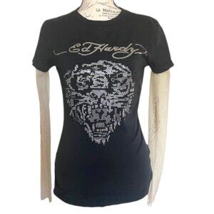 Ed Hardy by Christian Audigier Sequin Vintage T-shirt & sheer Sleeves